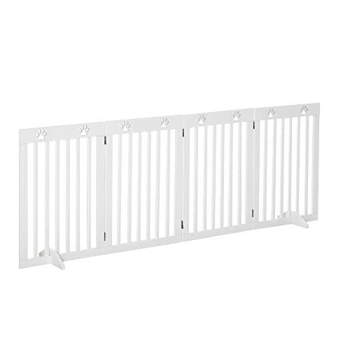 PawHut 29″ H Freestanding Folding Pet Gate, Wooden Dog Barrier Fence, with 4 Panels and Dual Hinged Design for Doorways, or Stairs, White