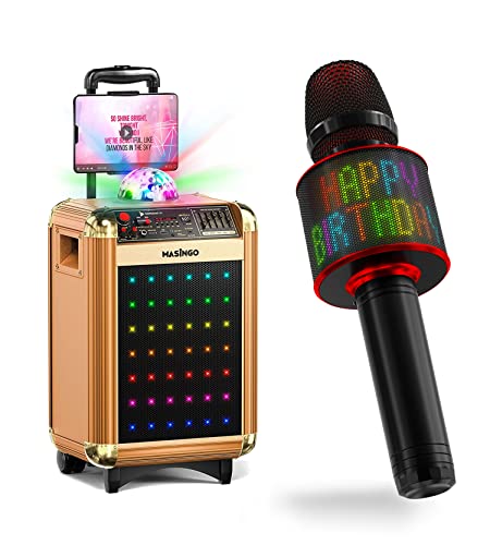 Masingo Bundle with Soprano X1 Karaoke Machine (Bluetooth/USB/AUX/FM – 2 Wireless Mics – Gold) + Spirito H11 Wireless Portable Microphone (Exclusive Customizable LED Lights Display) – for All Ages