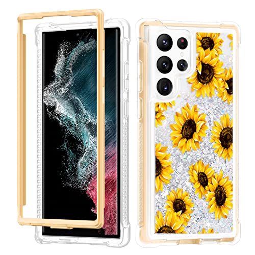 Caka for Samsung Galaxy S22 Ultra Case, Galaxy S22 Ultra Case Glitter Liquid Full Body Case for Women Girls Without Screen Protector Protective Phone Case for Galaxy S22 Ultra 5G -Sunflower
