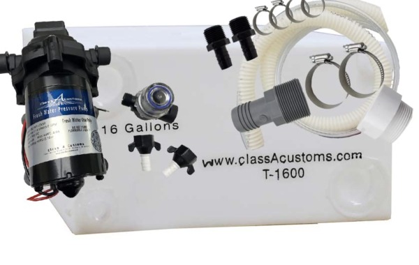 Class A Customs | 16 Gallon RV Concession Fresh Water Tank with Plumbing Kit & 12 Volt Water Pump | T-1600-BPK-PUMP