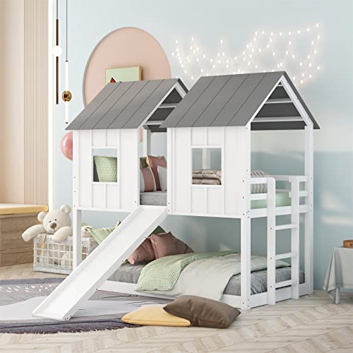 House Bunk Beds with Slide Twin Over Twin Floor Bunk Bed Wood Fun Playhouse Bunked Frame for Toddlers Kids Girls Boys Teens, White