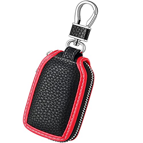 Imeisuit Car Key Case Leather Auto Key Fob Holder Quick-Release Car Key Protector Cover with Round Carabiner Keychain Clip (Red Case + Round Keychain)