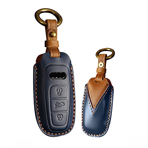ontto Keyless Entry Remote Smart Key Fob Cover Compatible with Audi A6 A6L A7 E-Tron A8 Q8 2019-2022,Leather Key Case(Type A,Blue)