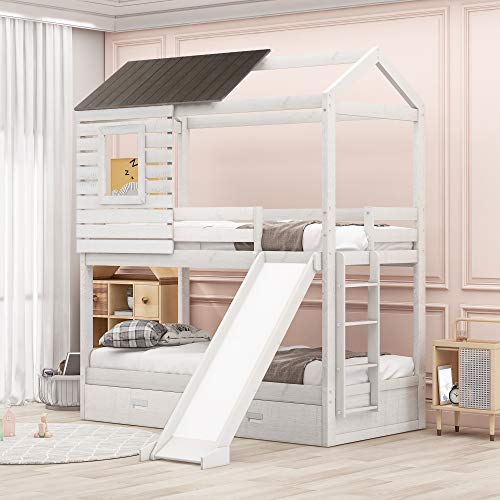 Twin Over Twin Bunk Bed for Kids Toddlers, Wooden Bunk Bed with Slide and 2 Storage Drawers, House-Shaped Bunk Bed for Girls Boys (Antique White-with Storage)