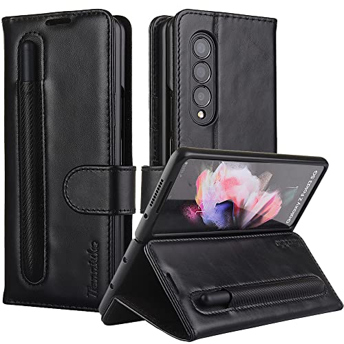 TIANNIUKE Samsung Galaxy Z Fold 3 Case with S Pen Holder [with Built-in Screen Protector] Genuine Leather Wallet Case, Kickstand RFID Blocking Credit Card Slot Magnetic Case for Z Fold3 5G(2021)-Black