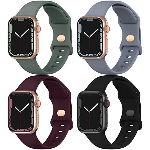 Compatible with Apple Watch Band 38mm 40mm 41mm 42mm 44mm 45mm 49mm, Soft Silicone Sport Straps Replacement Wristbands for iWatch Series 8 7 6 5 4 3 2 1 SE Ultra Women Men, 4 Packs