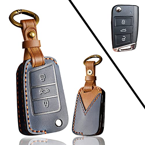 ontto Car Key Shell,for VW Key Fob Case,Leather Key Protector Compatible with Volkswagen Polo Golf 7 Passat Tiguan for Skoda Octavia(Type B,Blue)