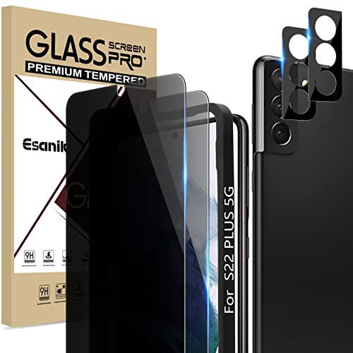 Esanik [2+2 Pack] Privacy Screen Protector for Samsung Galaxy S22+/S22 Plus 5G 6.6-inch [NOT for S22 Ultra/S22 5G] Anti Spy PET Film with Easy Installation Frame + Camera Lens Protector Fingerprint ID Compatible