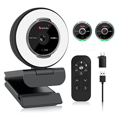 Angetube Streaming Webcam with Microphone: 1080P 60FPS USB Web Cam with Ring Light and Remote Control – HD Web Camera with 5X Digital Zoom Built in Privacy Cover,for PC|Computer|Laptop|Mac|Desktop