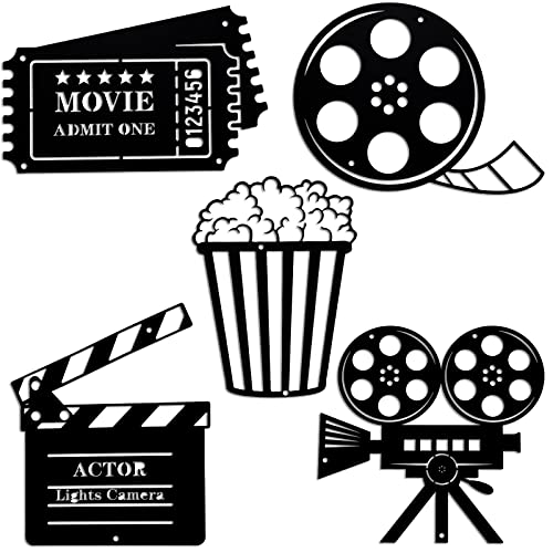 5 Pieces Movie Theater Decor Home Movie Theater Room Decor Cinema and Popcorn Wall Art Metal Movie Reel Wall Sign Home Theater Action Sign Cinema Movie Film Wall Decoration for Home Party Decor