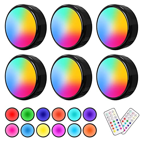 Puck Lights with Remote, ILYXY 6 Pack LED Under Cabinet Lighting Dimmable Push Lights Battery Operated Wireless Under Counter Lights for Kitchen, Multicolor Transformation Stick On Lights, Shiny Black