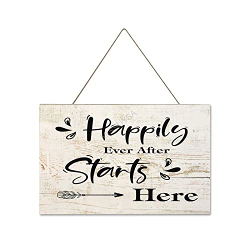 Wooden Signs, Rustic Happily Ever After Starts Here Sign Plaque Pianted Quote Home Decor Farmhouse Garden Outdoor Wall Art 10″X16″, Made in USA #339