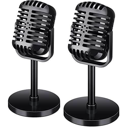 Chivao 2 Pack Retro Microphone Props Model Vintage Microphone Stage Table Decor Plastic Fake Microphone Antique Microphone Decor Stand Microphone Costume Prop for Party Decorations Toy (Black)