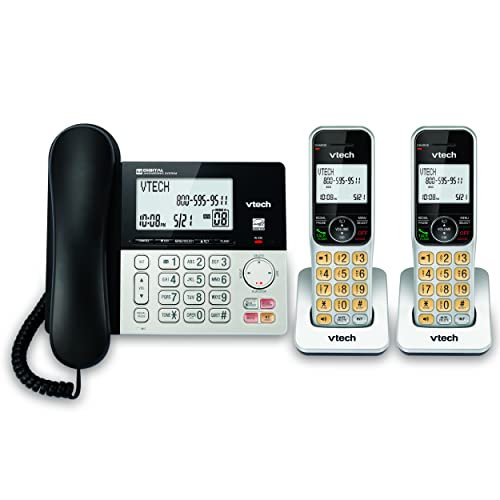 VTECH VG208-2 DECT 6.0 2-Handsets Corded/Cordless Phone for Home with Answering Machine, Call Blocking, Caller ID, Large Backlit Display, Duplex Speakerphone, Intercom, Line-Power (Silver/Black)