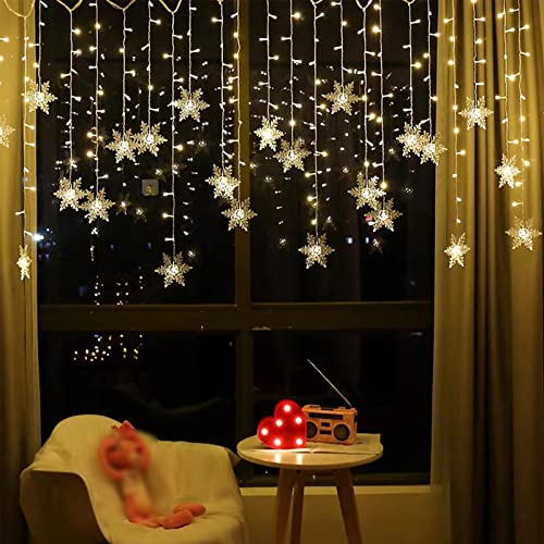 FGYZYP Snowflakes Curtain String Light, 13ft 96 LED Christmas Fairy Lights, Waterproof Hanging 8 Modes EU Plug Window Night Light for Outdoor Indoor Bedroom Home Garden Patio Wedding Party Decor