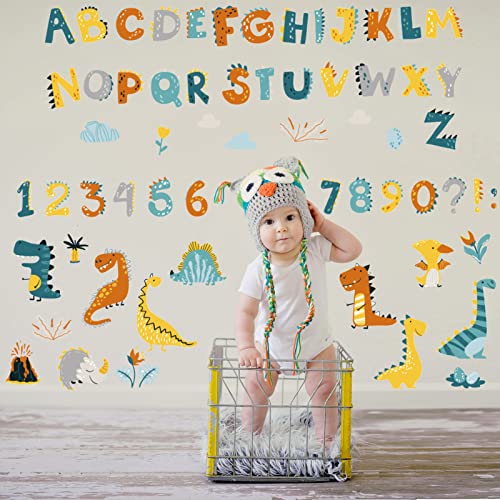 61 Pieces Cute Dinosaur Wall Stickers Enlightenment Education Numbers ABC Alphabet Wall Decals Removable Peel and Stick Nursery Wall Poster Mural for Kids Classroom Bedroom Playroom Living Room Decor