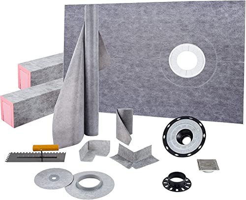 VEVOR Shower Curb Kit, 38″x60″ ABS Watertight Shower Curb Overlay with 4″ ABS Offset Bonding Flange, 4″ Stainless Steel Grate and Trowel, Cuttable Shower Curb, Shower Pan Fit for Bathroom