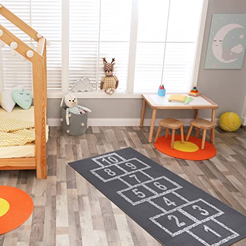 Ottomanson Machine Washable Hopscotch Design Non-Slip Rubberback 3×6 Kid’s Area Rug for Playroom, Kid’s Room, Bedroom, 2’7″ x 6′, Gray