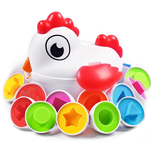 Doloowee Easter Eggs Toddler Toys with 6 Educational Eggs, Chicken Egg Toys Shape Sorter, Montessori Baby Toys 12-18 Months Sensory Toys for Sorting and Matching Eggs, Gift for Girls Boys 1, 2 ,3+