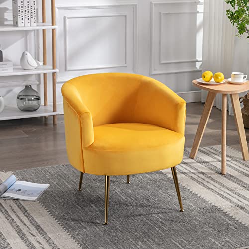 Comfortable Barrel Accent Chair,Velvet Fabric Upholstered Living Room Armchair,Stylish Golden Leg Tub Chair,Soft Padded Vanity Chairs,Chic & Sturdy (Yellow)