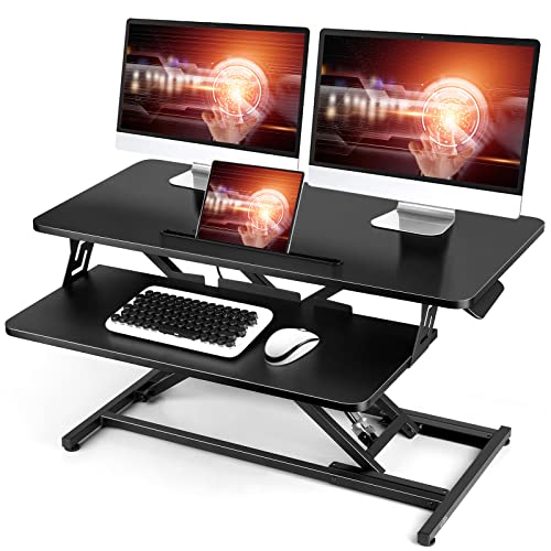 NEEDUX Standing Up Desk Converter 32″ Height Adjustable Sit Stand Desk with Removable Keyboard Tray, Large Desk Riser Ergonomic Gas Spring Dual Monitor Workstation for Home Office