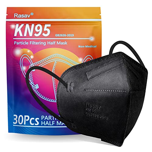 Rasav KN95 Face Mask 30 PCs,5 Layers Cup Dust Safety KN95 Masks, Protection Masks with Elastic Ear Loops for Women, Men（Black）