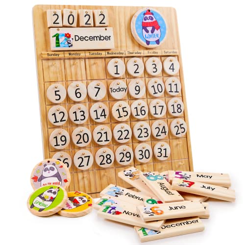 Panda Brothers Wooden Perpetual Calendar – Montessori Toy for Kids Learning Seasons, Months and Days of The Year, Preschool Calendar for Kids Learning at Home and Classroom Teaching, on Desk and Wall