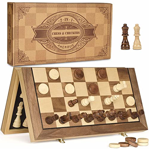 AMEROUS 15” Magnetic Wooden Chess & Checkers Game Set -2 Extra Queens -24 Cherkers Pieces -Folding Board -Chessmen Storage Slots, Beginner Chess Set for Kids and Adults, Classic 2 in 1 Board Games
