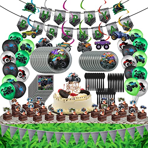 123Pcs Monster Truck Birthday Party Supplies Set, Plates, Napkins, Knives, Spoons, Forks, Table Cloth, Balloons, Happy Birthday Banner for Monster Truck Themed Birthday Party Supplies (Green)