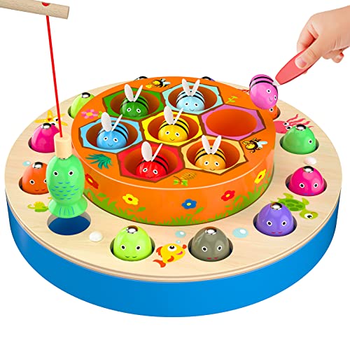 SmileBank Toddler Montessori Toys for 2 3 4 Year Old, Wooden Magnetic Fishing Game & Clamp Bee to Hive Color Sorting Fine Motor Skills Learning Educational Wooden Toys Gifts for Age 2-4 Boys Girls