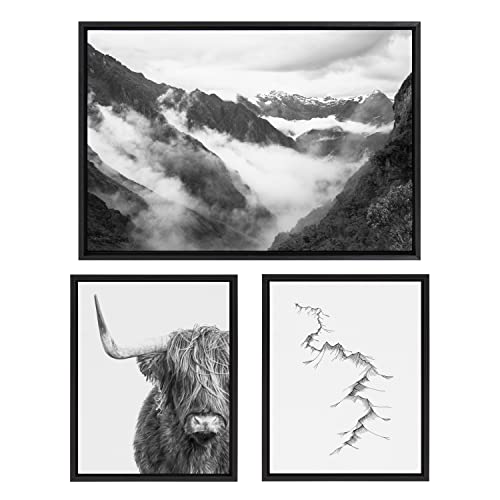 Kate and Laurel Sylvie Highland Cow, Mountains, and Inca Trail Framed Canvas Wall Art Set by Various Artists, Set of 3, two 16×20 and one 23×33 Black Frames, Decorative Black and White Nature Art