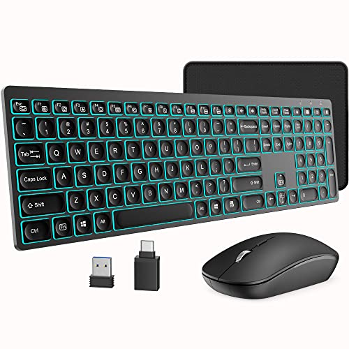 Wireless Keyboard and Mouse Combo Rechargeable, Full Size Wireless Keyboard with Backlit, 2.4G Silent USB Wireless Keyboard Mouse Combo [with USB C Adapter] for Windows, Mac OS Desktop/Laptop/PC