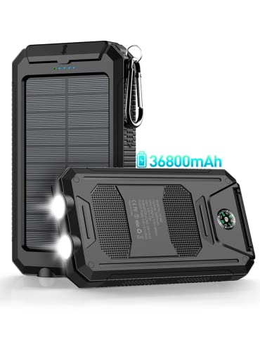 Power-Bank-Portable-Charger-Solar – 36800mAh Waterproof Portable External Backup Battery Charger Built-in Dual QC 3.0 5V3.1A Fast USB and Flashlight for All Phone and Electronic Devices (Black)