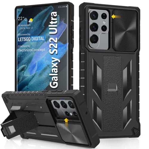 Case for Samsung Galaxy S22 Ultra: Military Grade Drop Proof Protection Rugged Protective S22 Note 5G Phone Cover with Built in Kickstand & Slide – Shockproof TPU Matte Textured Bumper Design – Black
