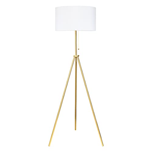O’Bright Tripod Floor Lamp, Adjustable in Height, 100% Metal Body with Linen Drum Shade, E26 Socket, Bedside Lamp, Standing Light for Living Room, Bedroom, Office, Antique Brass