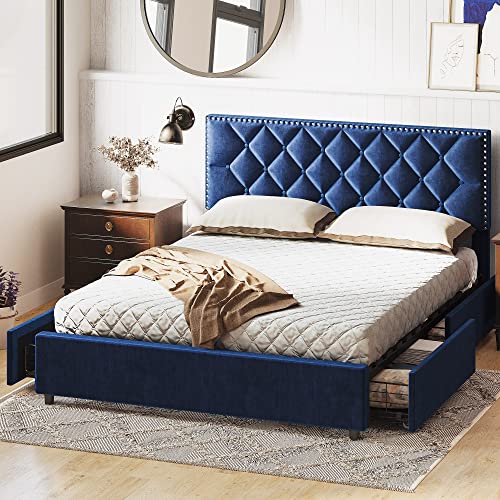 LIKIMIO Queen Bed Frame with 4 Storage Drawers, Velvet Upholstered Headboard with Button Tufted & Rivets, Easy Assembly, No Box Spring Needed (Blue, Queen)