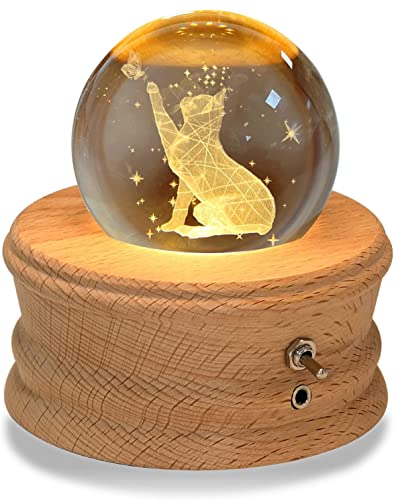 【Valentine’s Day Gift】Kibuhain 3D Crystal Ball Music Box with Projection LED Light and Rotating Wooden Base, Best Gift for Christmas Birthday Valentine’s Day, Music Boxes for Women Mom Girls(Cat)