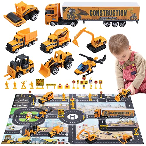 8 in 1 Construction Vehicles Toys Set with 31.5*23.6 Inch Play Mat 8 Mini Sturdy Engineering Trucks Toys Construction Traffic Sign Set for Toddlers Boys 3 4 5 6 7 Years Old Gifts Presents