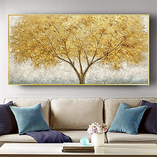 WunM Studio CE Modern 100% Hand Painted Oil Painting On Canvas Golden Yellow Rich Tree Flower Plant Art Wall Picture for Home Living Room Decor,Gold,70X140Cm(28X56Inch)
