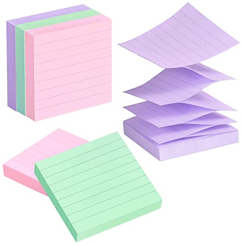 Lined Pop Up Sticky Note 3×3 inch, 6 Pack Accodian Stlye Self-Sticky Notes with Lines, Light Green Pink Purple Color, 100 Sheet / Pad Easy Post