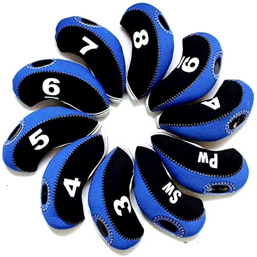 10pcs/Set Golf Iron Head Covers with Number Tag Pack of 10 Black/Blue for Taylormade, Callaway, Ping, Mizuno,Cobra
