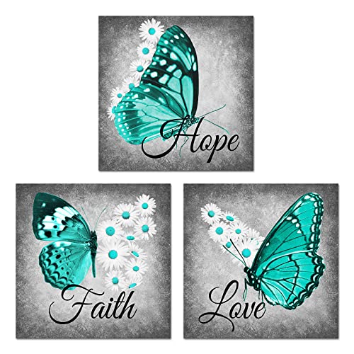 KiteChaser Butterfly Wall Art Teal Green Butterfly with Daisy Inspirational Quotes Love Hope Faith Pictures Framed Modern Butterfly Canvas Art Decor Hanging for Girls Living Room Bedroom Office Home