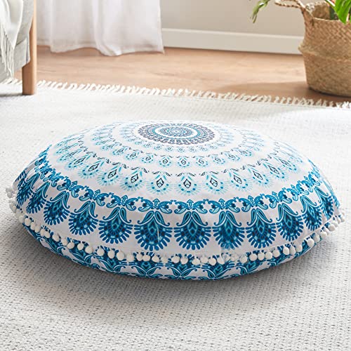 Codi Meditation Floor Pillow, Round Large Pillows Seating for Adults, Bohemian Mandala Circle Cushion for Outdoor Fireplace Yoga Living Room, 32 Inch, Memory Foam Added, Aqua