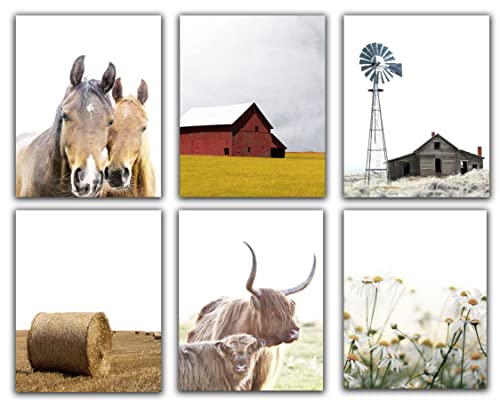 Modern Farmhouse No.50 Wall Art Photos – Set of 6 UNFRAMED Rustic Boho Cottage Country Decor Prints. Barn, Windmill, Hay Bales, Daisies, Highland Cows & Horses. Mix of Neutral Shades (11×14)
