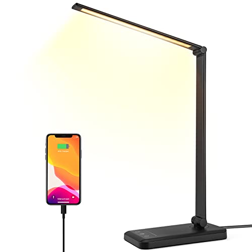 Led Desk Lamp, HMFUNTM Desk Lamp with USB Charging Port, 5 Color Modes, 10 Brightness, Natural Light, Eye Caring Reading Lamp, Desk Light for Home Office, Table Lamp, Touch Control, Auto-Timer, Black