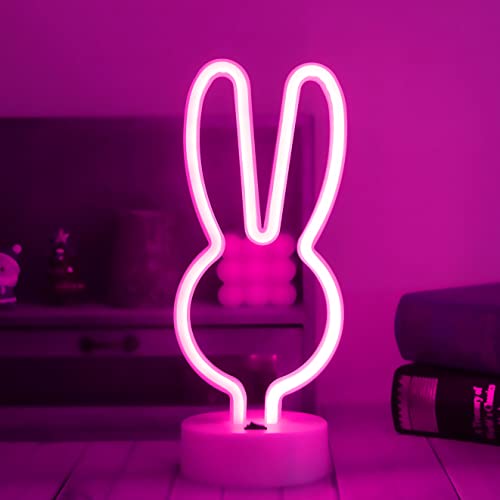 Easter Decorations Rabbit Lights Neon Signs, Creative Bunny Neon Lights with Base Battery/USB Operated Rabbit Stuff for Home, Nursery Room, Baby Teen Kids Girls Bedroom, Spring Decor (Rabbit-Pink)