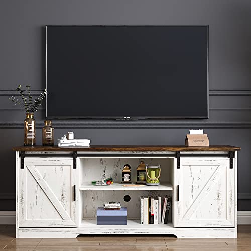 Kasibie Farmhouse 65″ TV Stand, Modern TV Stand White, Entertainment Center with Storage Cabinet, Sliding Barn Door Media Cabinet (Wood White)