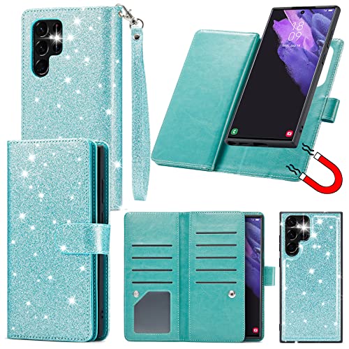 Varikke Samsung S22 Ultra Case Wallet, S22 Ultra Case for Women with Card Holder & Powerful Magnetic Detachable Cover & Kickstand Wristlet Glitter PU Leather Wallet Case for Galaxy S22 Ultra, Mint