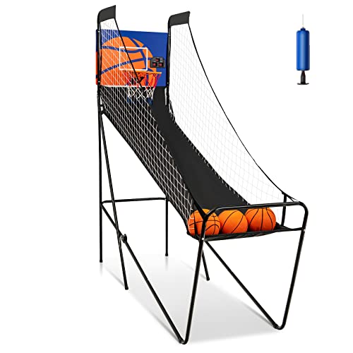Giantex Foldable Electronic Arcade Basketball Game, with Electronic Scorer, Buzzer, 3 Basketballs, Pump, Indoor Single Shot Basketball Game for Adults, Kids