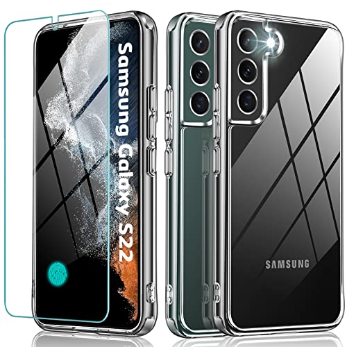 Oterkin for Samsung Galaxy S22 Case,Anti-Yellowing Clear Case for Galaxy S22 with Tempered Glass Screen Protector Support Fingerprint Unlock,Shockproof Slim Case for Samsung S22 5G Built-in 4 Airbags